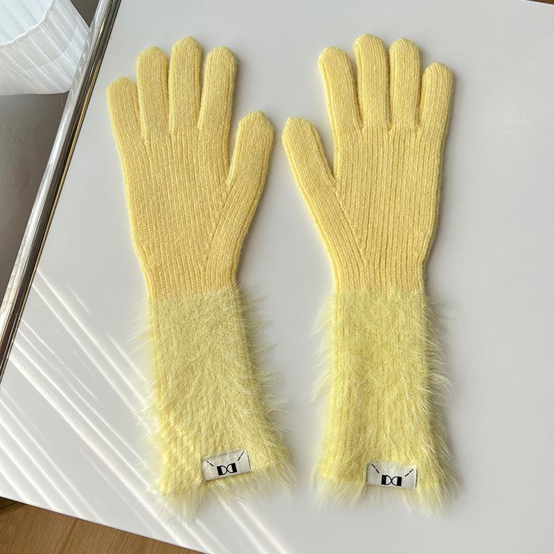 Autumn and winter dopamine solid color warm five-finger gloves versatile knitted cute student girl sweet long cycling sleeves
