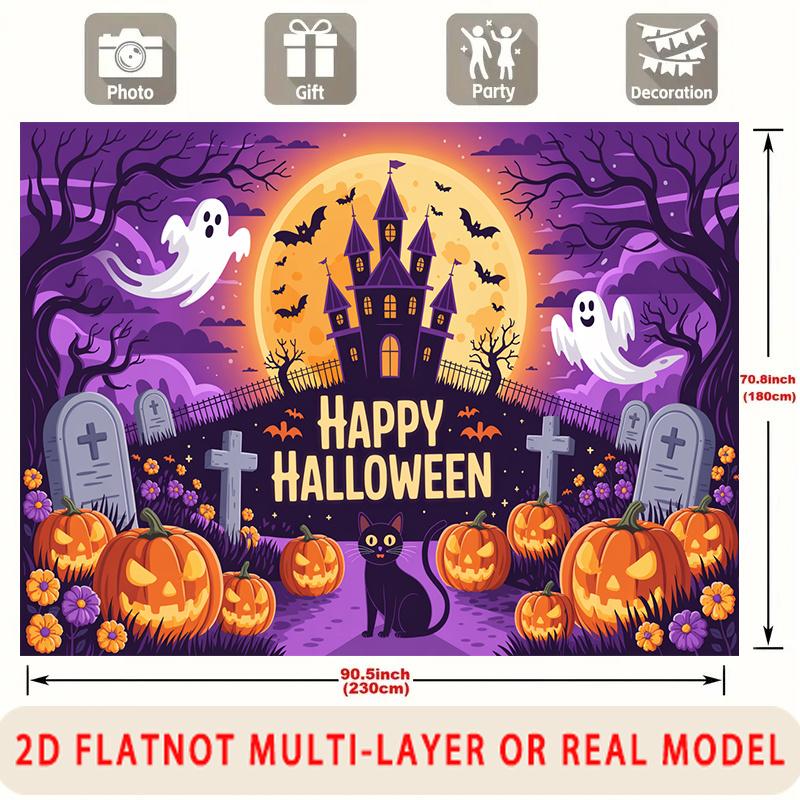 Party Backdrop Halloween Castle Black Flat Ghosts Pumpkins Spooky Multi Layered Event Backdrop Decoration Front Door Decor