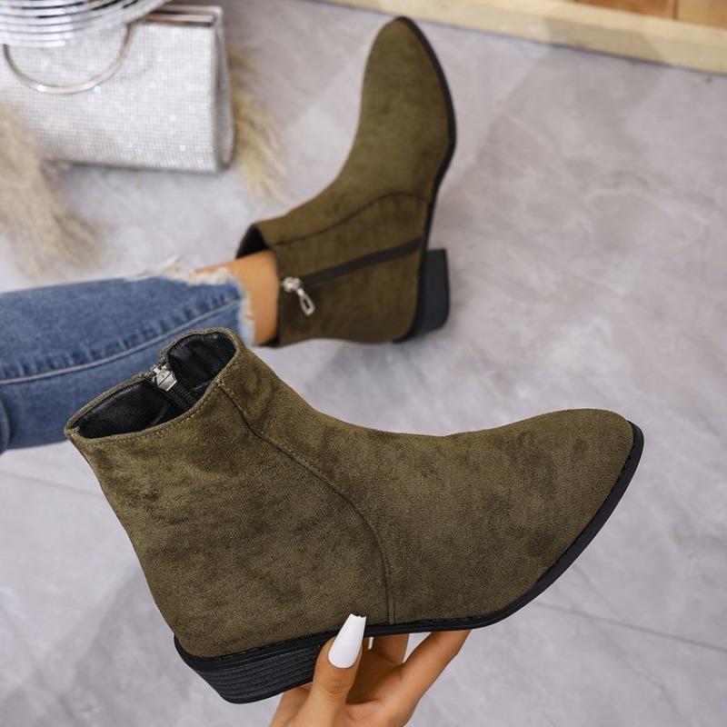 European and American Large Size Short Tube Side Zipper Martin Boots Women's Single Boots New Suede Thick Heel British Style Thin Boots