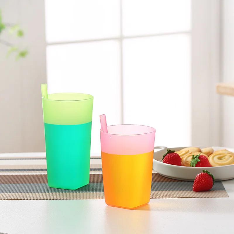 Solid Color Fresh Candy Color Small Straw Children's Cup Plastic Drinking Water Transparent Straw Cup Integrated Beverage Cup