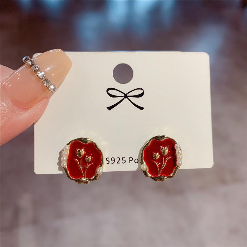 

Delicate Black Red Green Oval Enamel Flower Stud Earring for Women Korean Style Imitation Pearl Geometry Zircon Brincos Gift