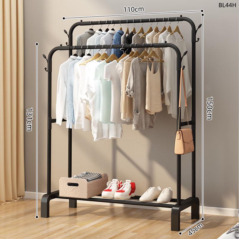 Minimalist Indoor Floor-Standing Coat Rack with Double Pole and Shelf for Bedroom or Balcony