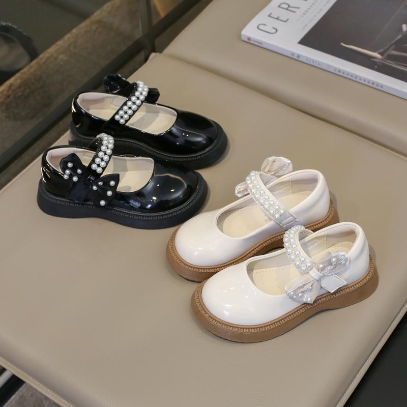 Flickor Läderskor för Fest Bröllop Glänsande Pärlor Barn Prinsesskor med Fluga Rund tå Barn Föreställningsskor Ballerinaskor