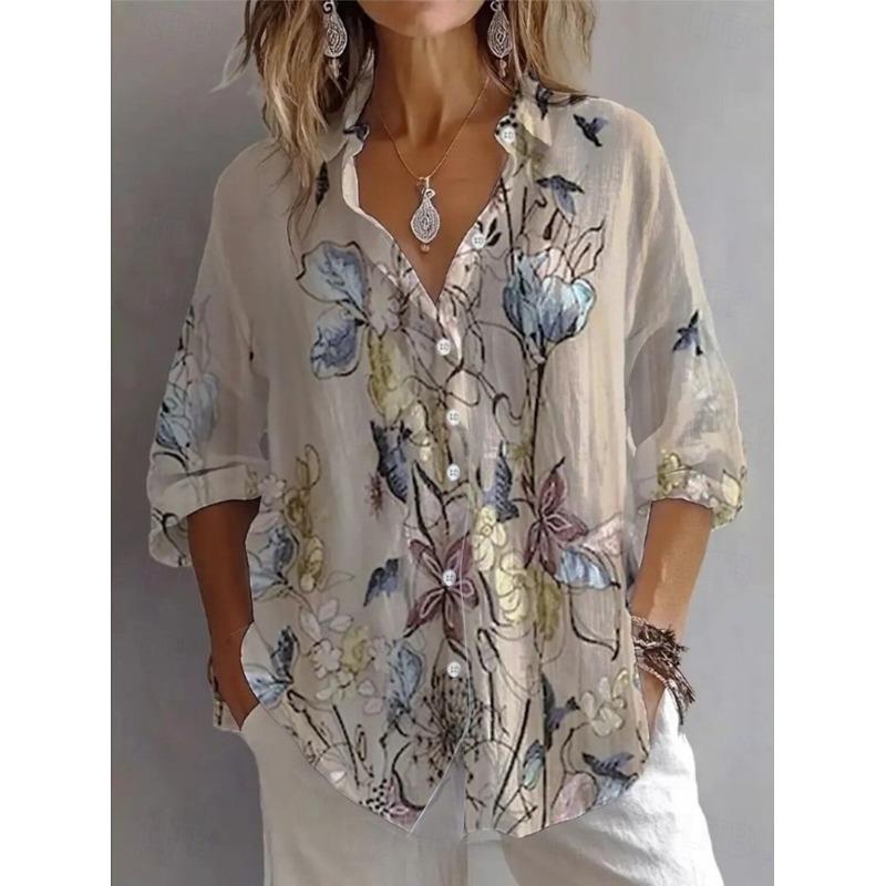 Sommer Damenhemd Blume Aktiv Stilvolle Bluse Reverskragen Bluse Damen Langarmhemden Damenbekleidung Damenkleidung