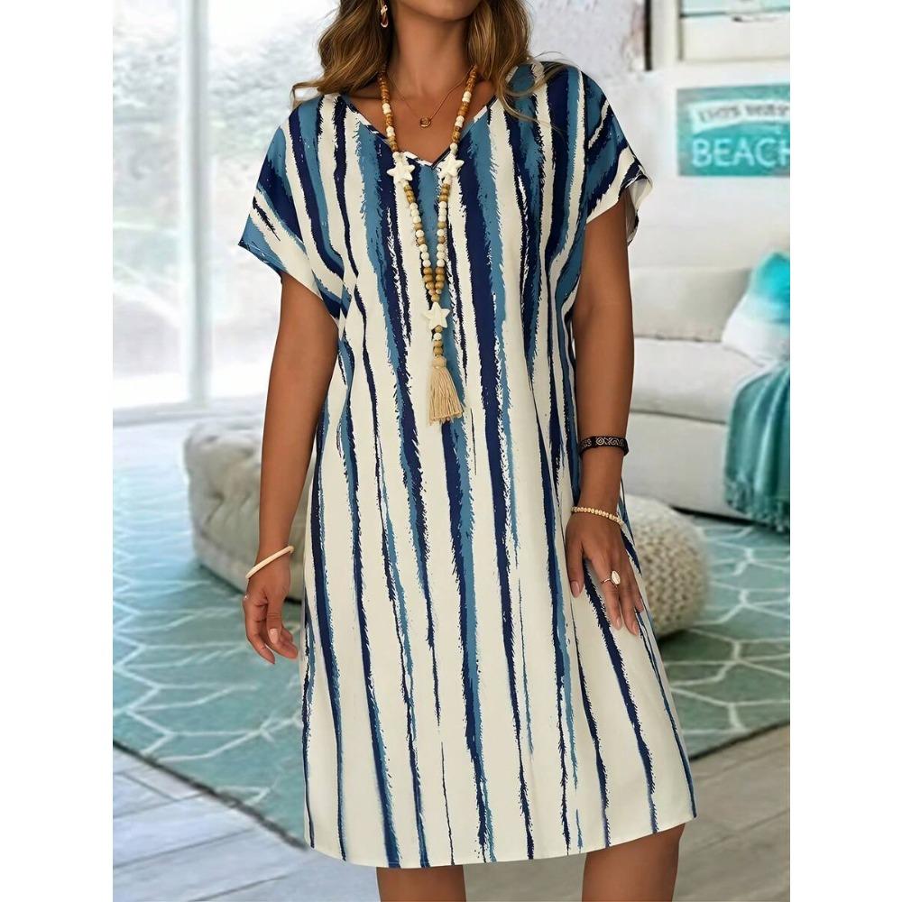 Women's Casual V Neck Short Sleeve A Line Print Dress Blue Leaf Pattern White Background Summer Dress 2024 New Fashion