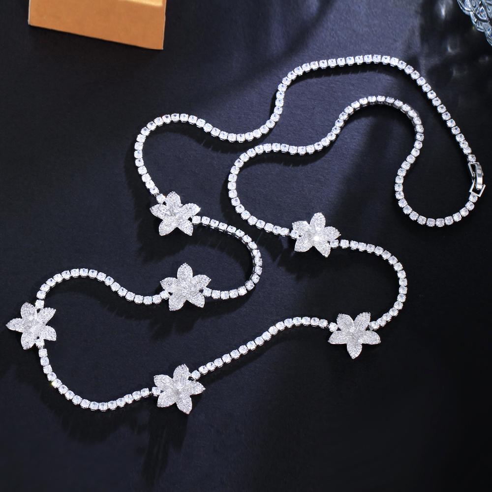 Chic Round Gorgeous Fashion Jewelry Cubic Zirconia Flower Chain Link Long Sweater Tennis Necklace for Women Bridal Party