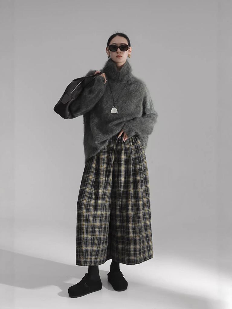 Neo-Modern Plaid Wide-Leg Wool Skirt-Pants for Women