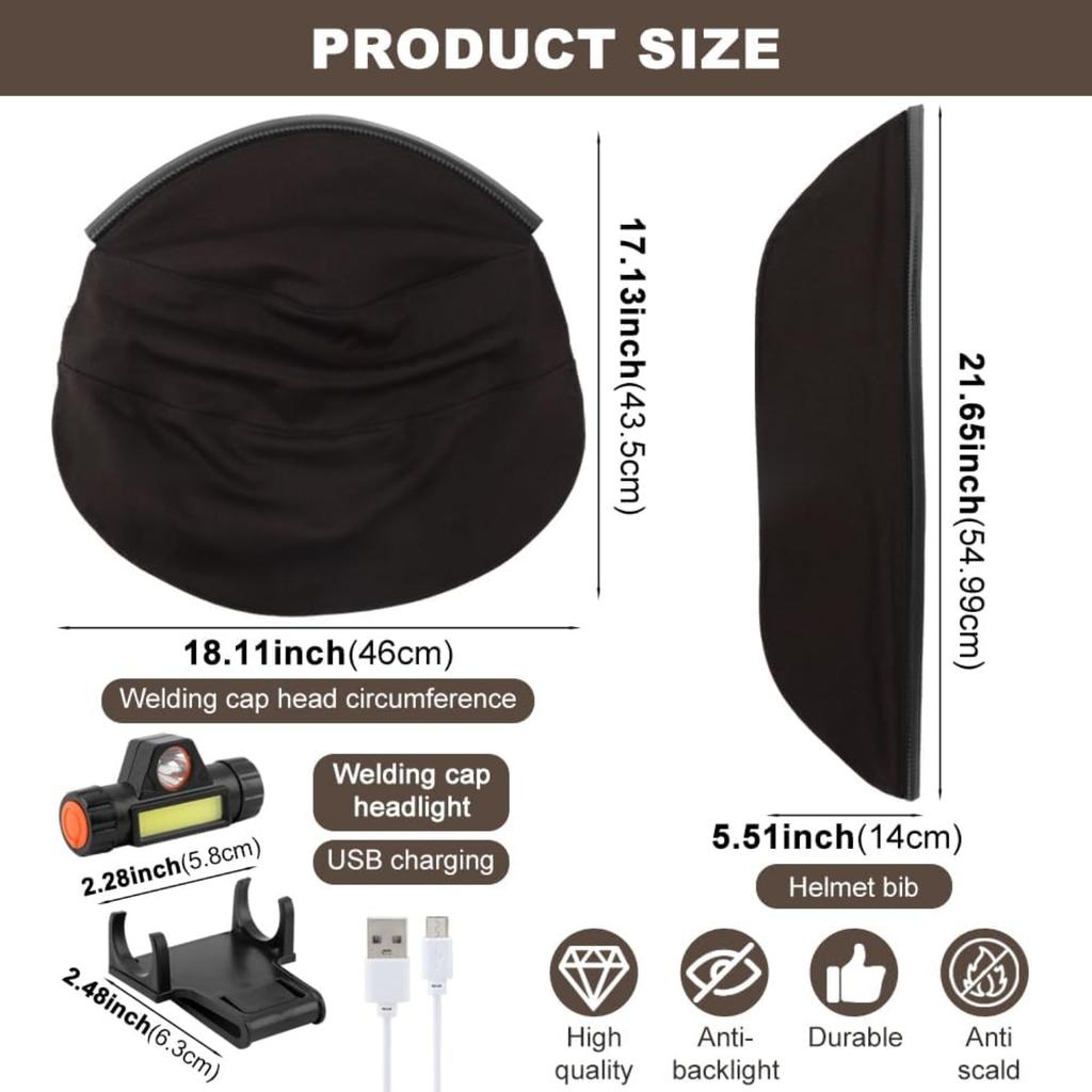 2 Pcs Welding Helmet Cover and Helmet Bib Set, Heat Resistant Welding Cap Extended Headcover with Headlight, Hood Accessories for Full Welding-Neck