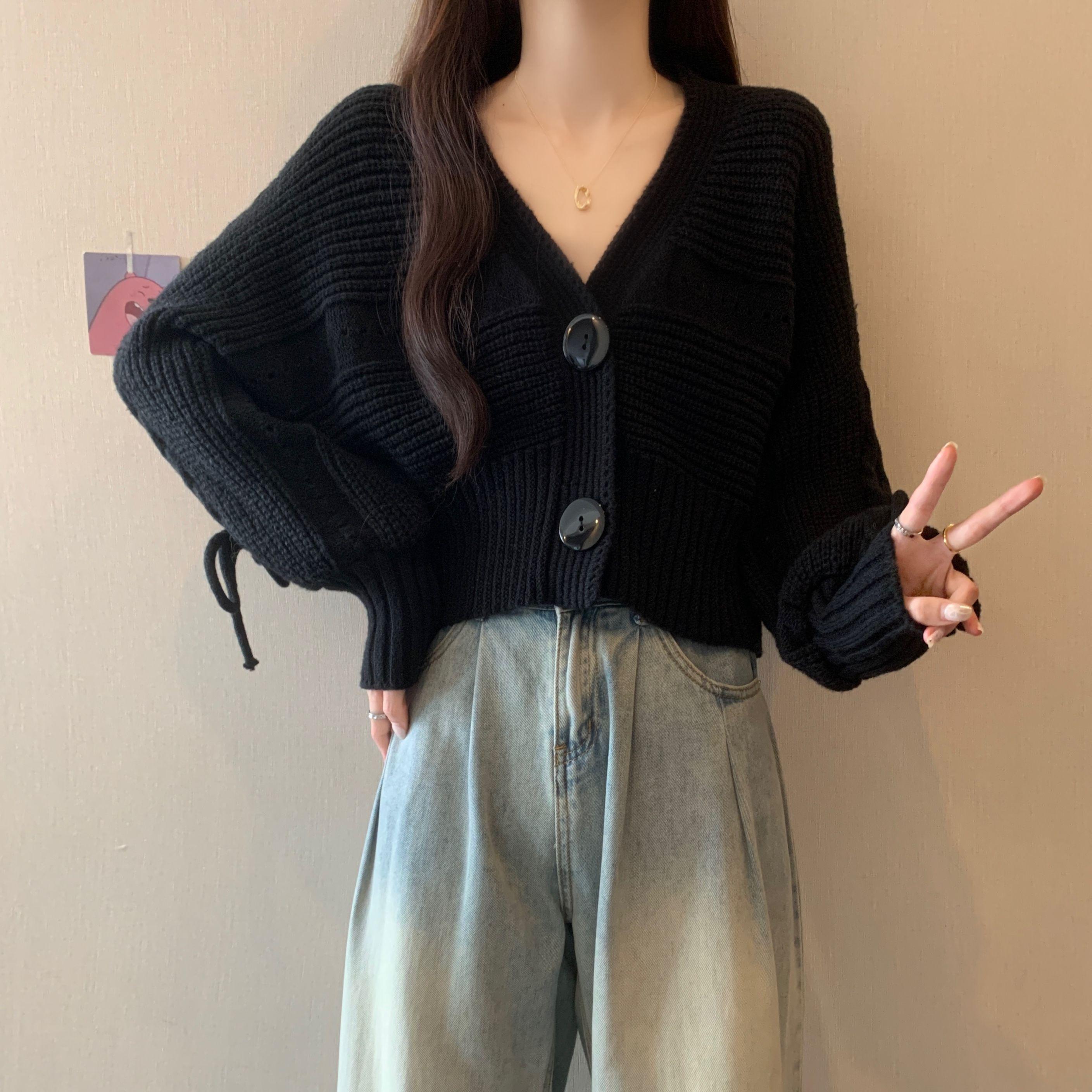 

Puff Sleeve V-neck Knitted Sweater for Women Autumn Winter Loose Short Outerwear Cardigan S чорний
