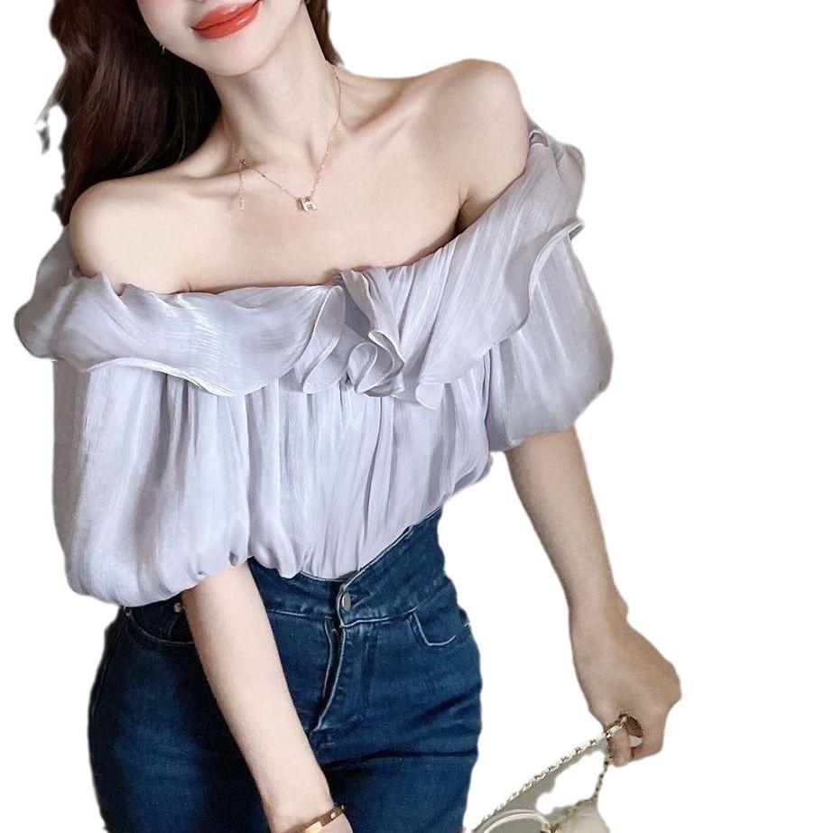 One Shoulder Shirt with A Female Design Sense Niche Top with Ruffled Edges Off Shoulder Chiffon Shirt for Summer