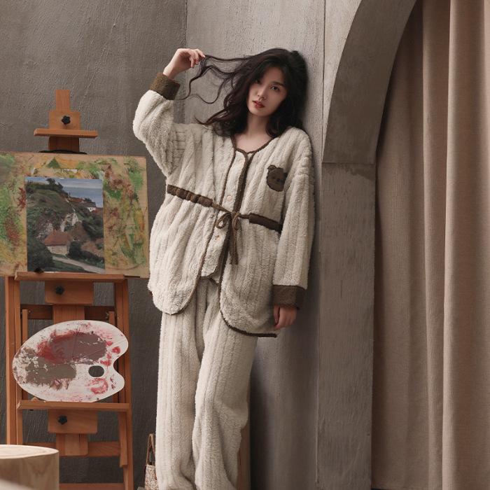 

Коралловая бархатная пижама женская осень-зима кашемир и плотный женский теплый комплект домашней одежды можно носить на улице пижамы 3XL