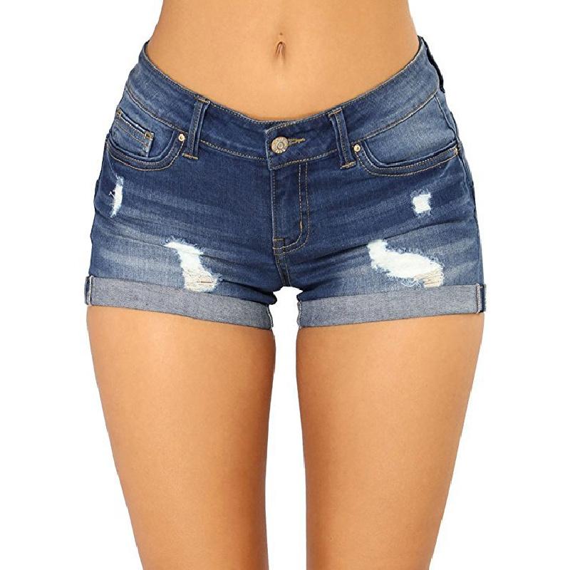 New summer women s denim shorts with cuffs, trendy women s five-point jeans S