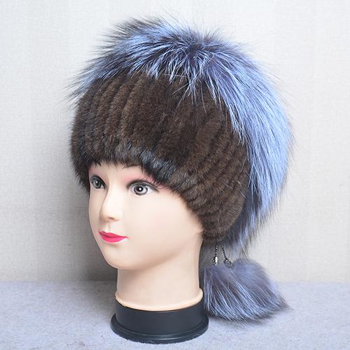 Hot Sale Real Mink Fur Hat For Winter Women Imported Knitted Mink Cap With Fox Fur High Quality Women Warm Real Fur Beanies Hat
