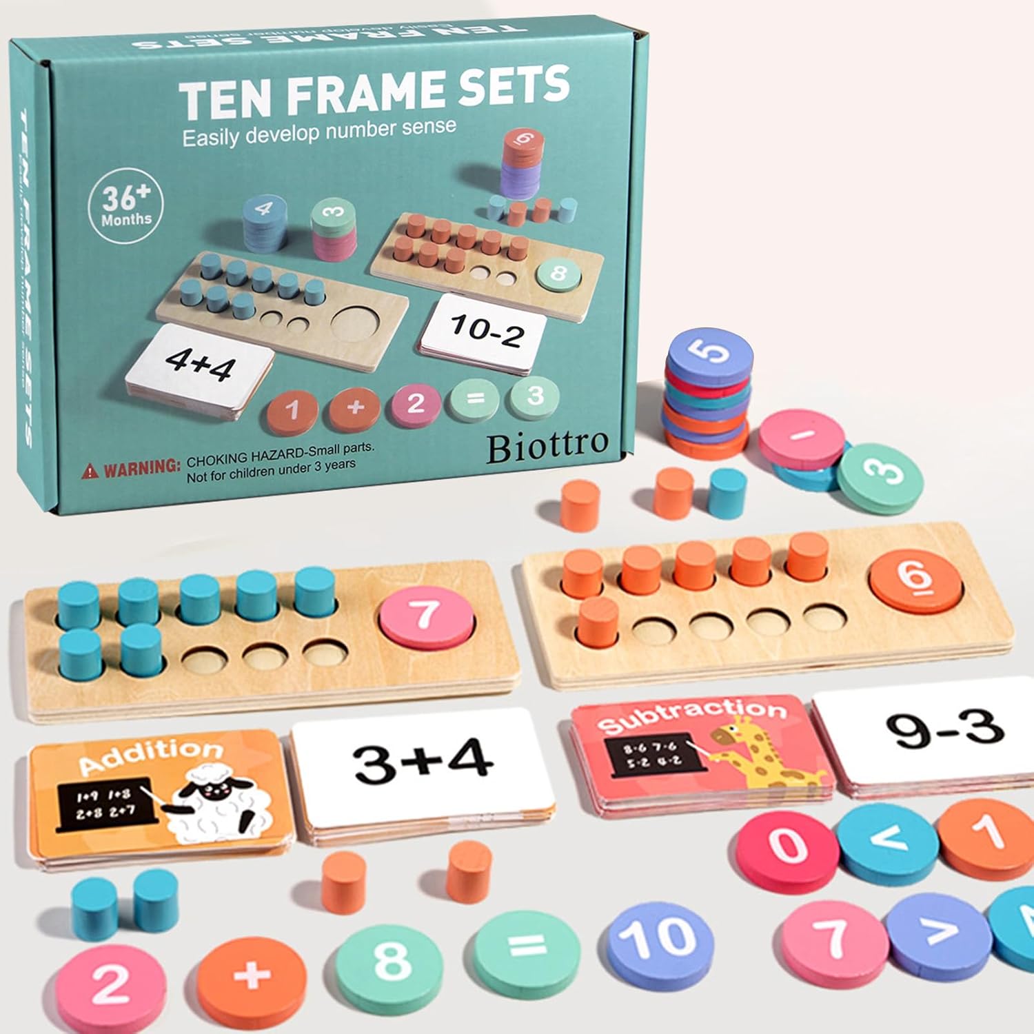 

2 базовые пластины с 20 маленькими цилиндрами, 27 дисков с числами, 90 карточек с операциями, 1 тканевый мешочек, инструкция, деревянный счетчик сложения и вычитания с десятками