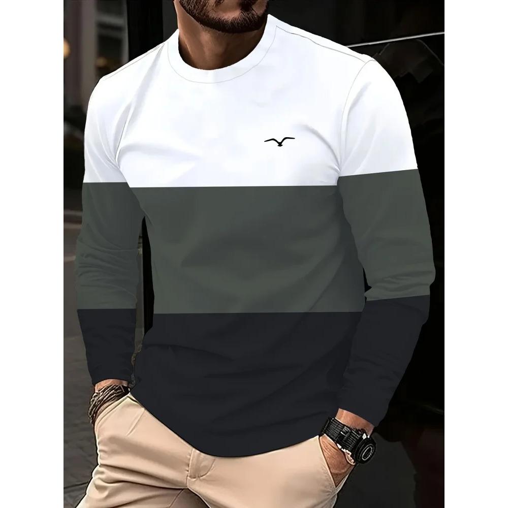 Men's Casual Long-sleeved Striped Eagle Emblem Breathable Round Neck Fashionable Comfortable Soft Breathable Minimalist Daily T-shirt
