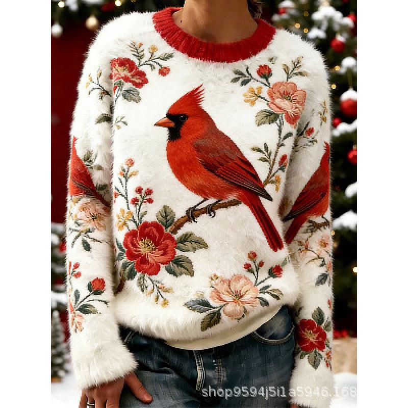 2026 3D Printed Flannel Round Neck Women's Sweater - New Year Collection for Autumn/Winter