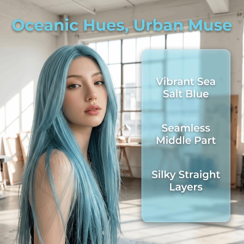 Harajuku Sea Salt Blue Wig 28inch Lolita Cosplay Wig Fake Hair Long Straight Synthetic Wig JK Girl
