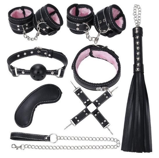8pcs/set BDSM Bondage Restraint Black and Pink Leather Furry Bondagesexy Furniture Kit Made In China SM Play Toy