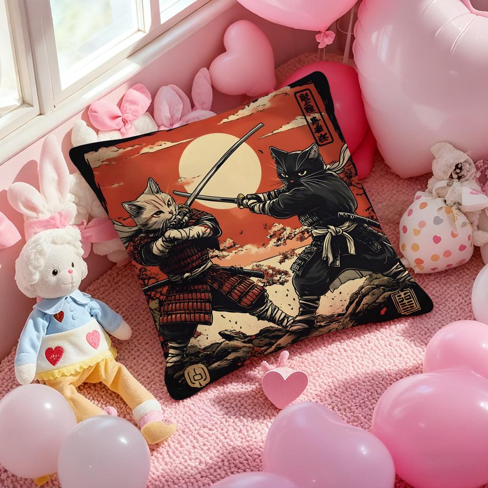 Japanese Style Samurai Cat Cushion Cover Pattern Printed Pillowcase for Living Room Sofa Cushion Cover & Bedroom Decor