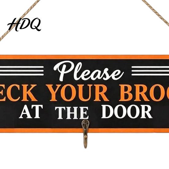 Seasonal Yard Sign Decor Halloween Broom Parking Sign Check Your Brooms Wooden Wall Hanging Witch Themed Door with Hooks for Indoor Outdoor