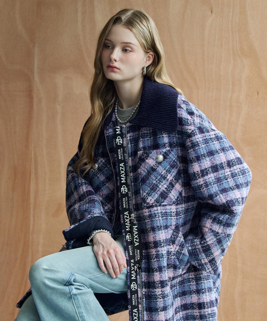 MAXZA Classic Check Knit Collar Wool Blend Half Coat (Navy)
