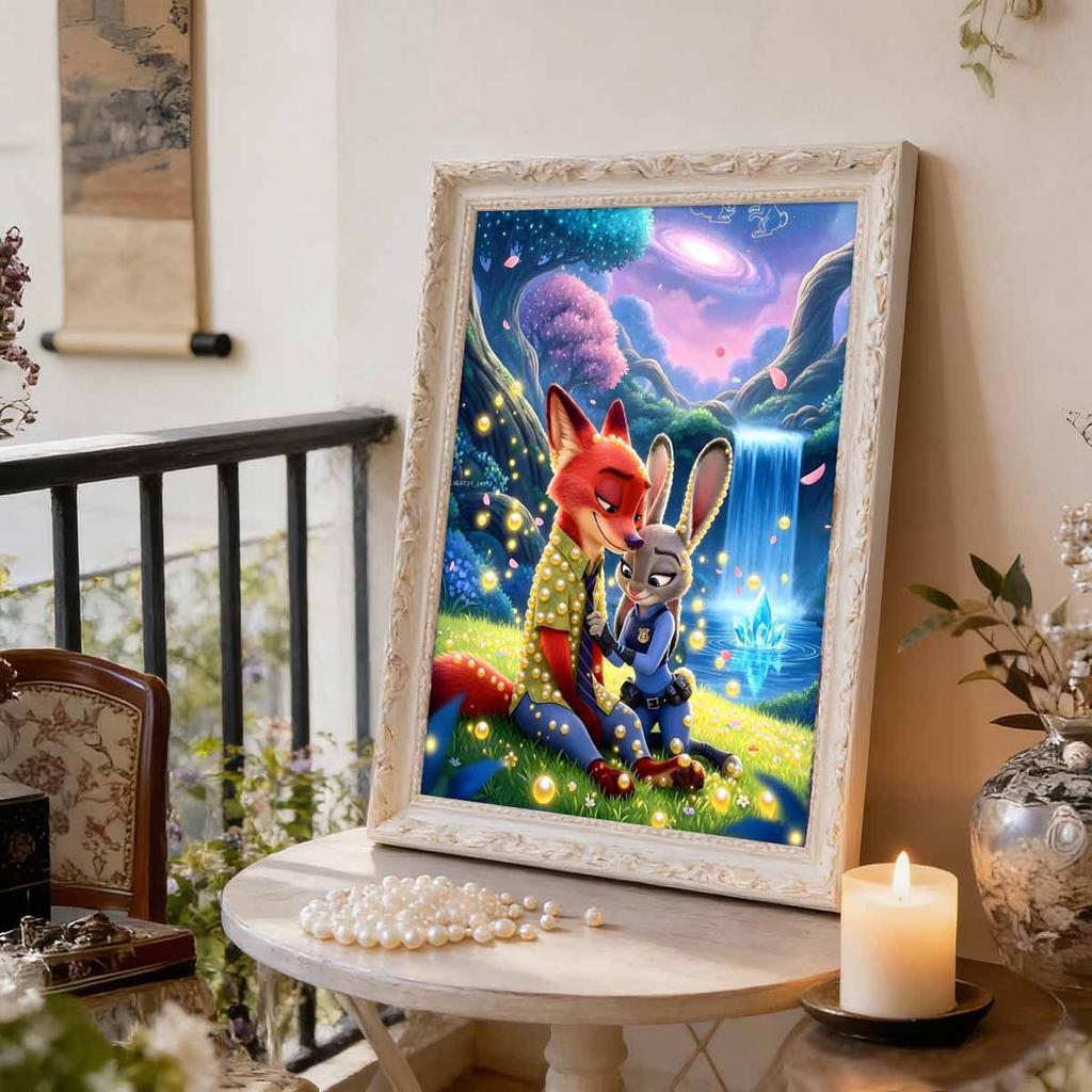 Disney Zoo Tycoon Starry Waterfall Decor with Judy and Nick the Fox Pearl Accents 5D Pearl Puzzle Embroidery Home Decor Handmade Gift