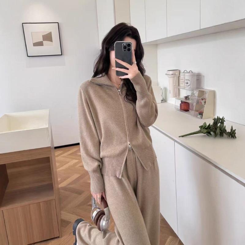 

Women s Fashion Long-sleeved Double Zipper Sweater Cardigan Trousers Sports Two-piece Casual Cardigan Suit Women One size верблюд
