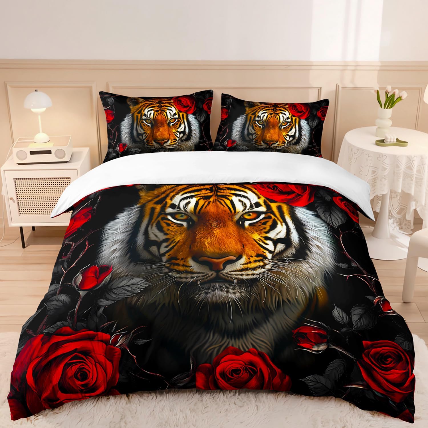 

Tiger 3D Print Comforter And Duvet Cover Set for Kids Teens Wild Animals Room Decor All-Season Oil Red Rose Bedding Set 90X200cm