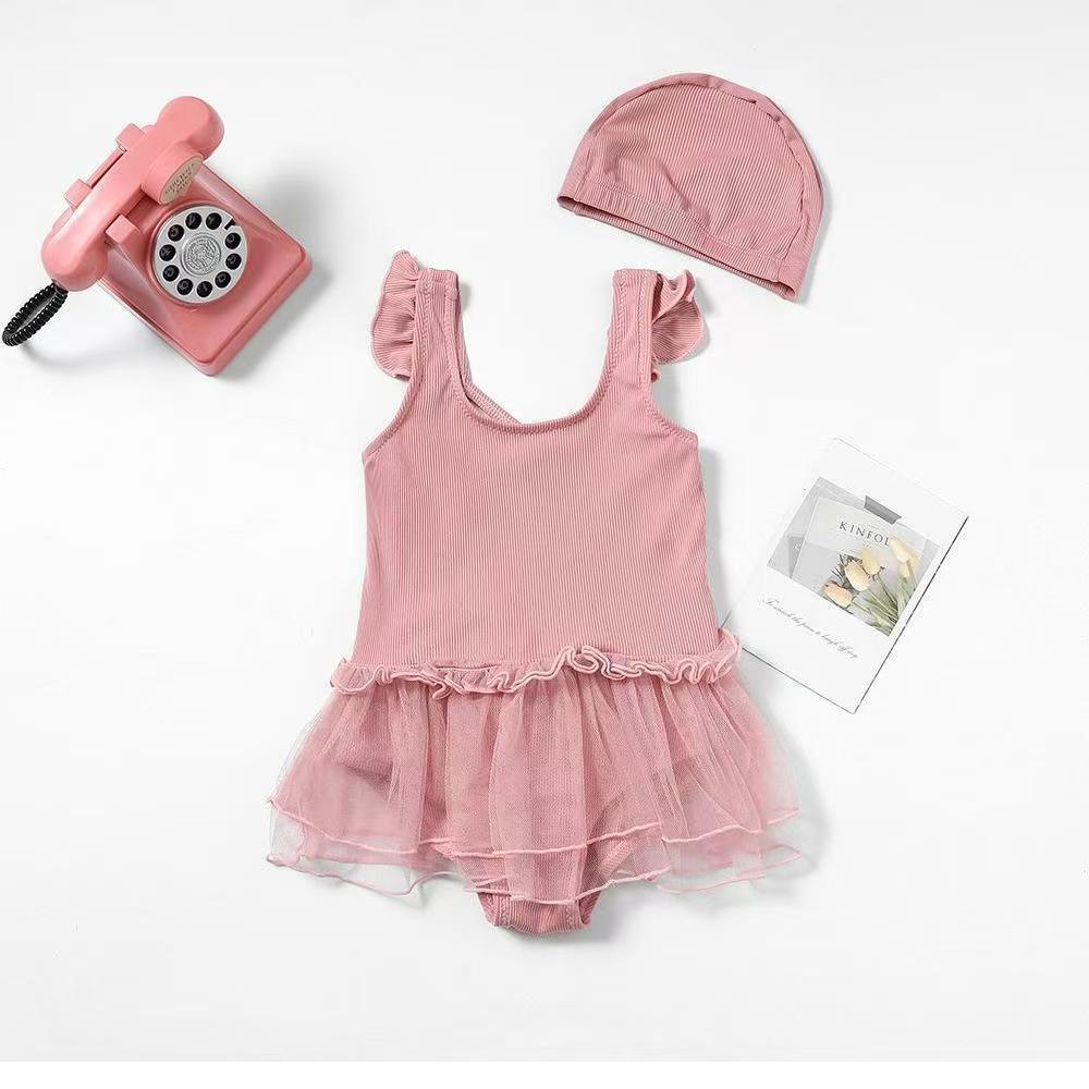 2025 Girls' One-Piece Skirted Swimsuit - Cute Princess Style, Solid Color Baby Swimwear