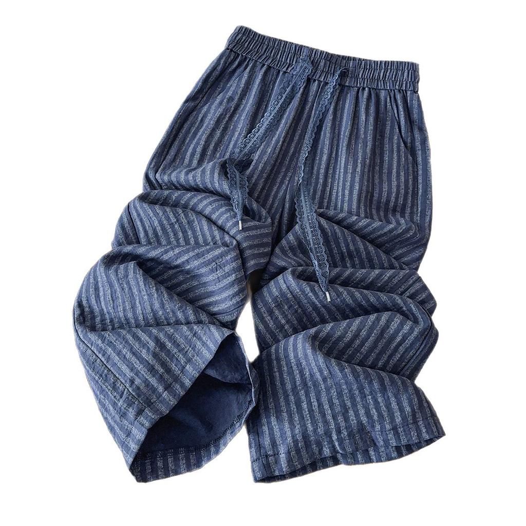 Fashion striped linen straight-leg pants women's 1116 summer new high-waisted slim tether casual wide-leg pants