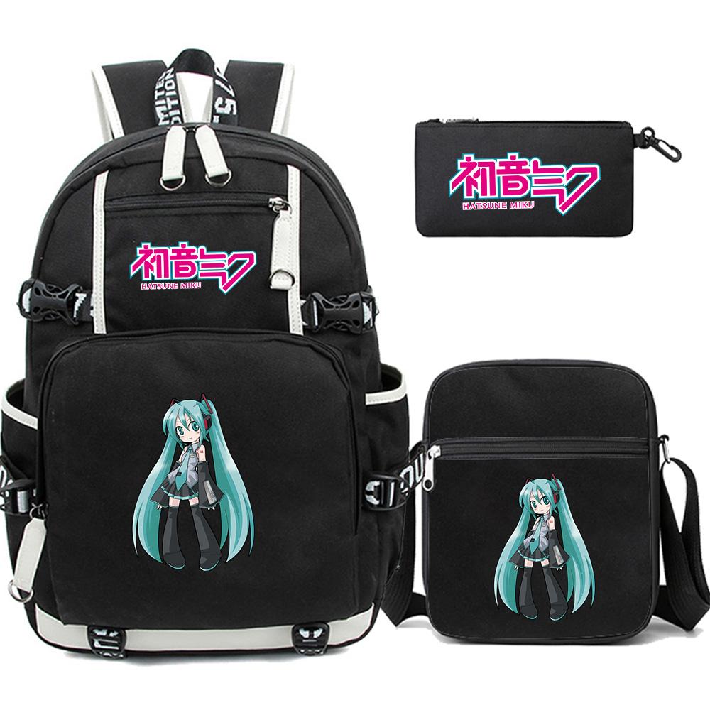 3Pcs/set Cartoon Hatsune Miku Printed Backpack Large Capacity Bookbag Student Boy Girl School Bag Outdoor Laptop Large Capacity Waterproof Travel Bag