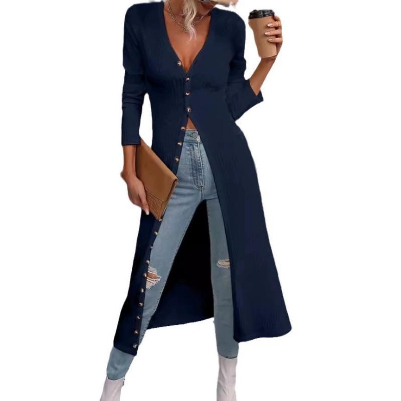 Damen Modischer Lässiger Einfarbiger Langärmliger Langer Cardigan V-Ausschnitt T-Shirt Top