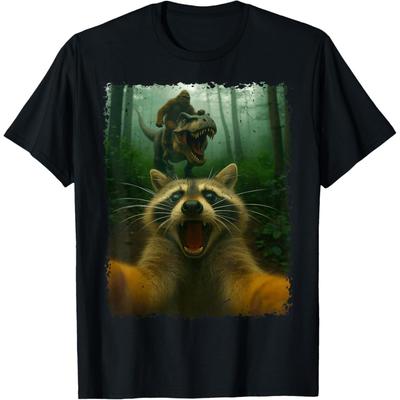 Funny Raccoon Selfie with T-Rex Dinosaur and Bigfoot T-Shirt(1)