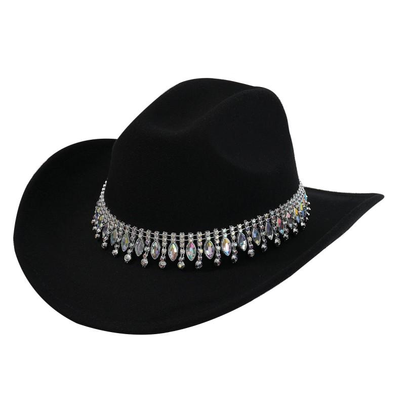 Unisex Elegant Jazz Fedora Hat With Tassel Rhinestone Belt Wedding Engagement