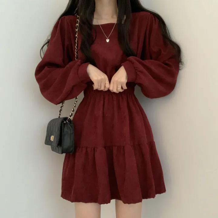 Retro High Waist Pleated Dress with Square Collar