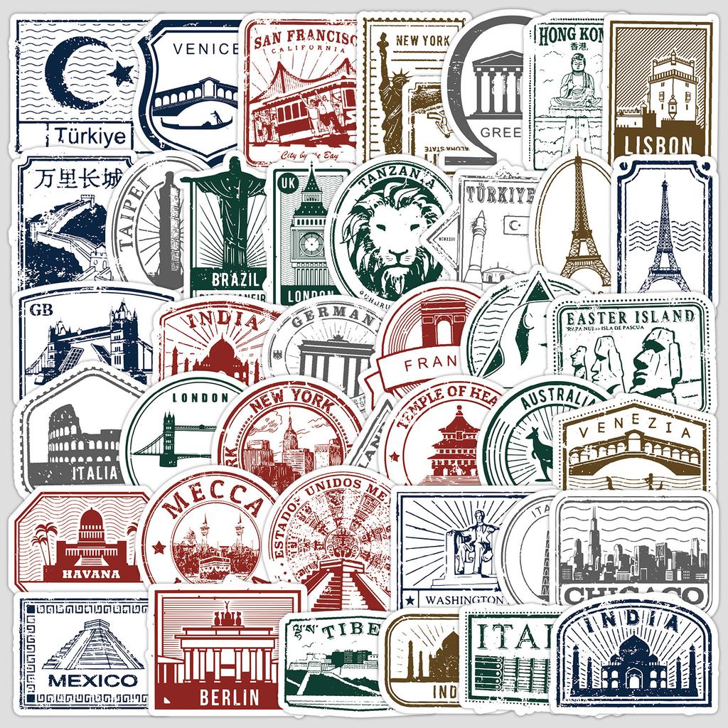 50 Poštovních razítek Graffiti Samolepky Cestovní Kufr Počítač Mobilní Telefon Vodotěsné Dekorativní Samolepky Kreativní Samolepky s Poštovními Razítky