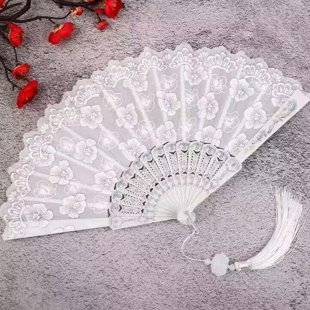

Hanfu Fan Flower Pattern Chinese Folding Fan Traditional Vintage Handheld Fan with Tassel Portable Dance Fan Gifts серебряный