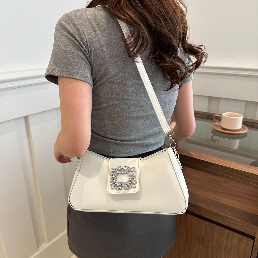 Stylish Korean Summer Casual Solid Color Shoulder Tote Bag With Shiny Rhinestones For Women
