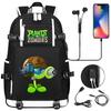 Plants vs Zombies USB-Kopfhörer Rucksack für Teenager Schüler Freizeit Reise Tagesrucksack Große Kapazität Laptop Tasche