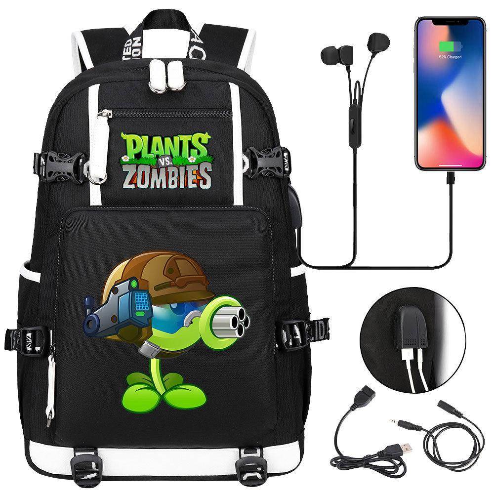Plants vs Zombies USB-Kopfhörer Rucksack für Teenager Schüler Freizeit Reise Tagesrucksack Große Kapazität Laptop Tasche