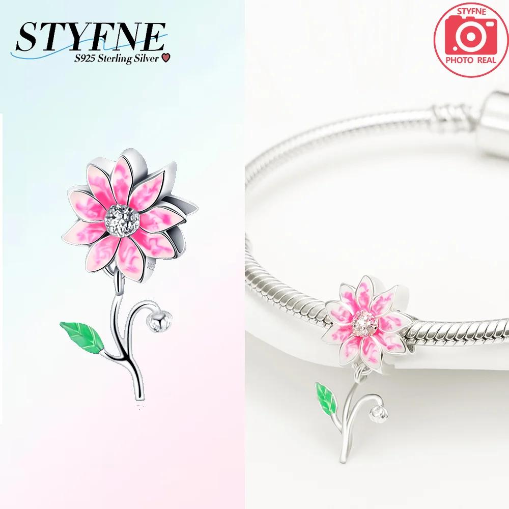 Authentic copper Colored Flower Pendant Pink Plants Lucky Charm Bead Charms Bead Charms Compatible With Bracelets Women Accessory Fine Gift Diy Jewell