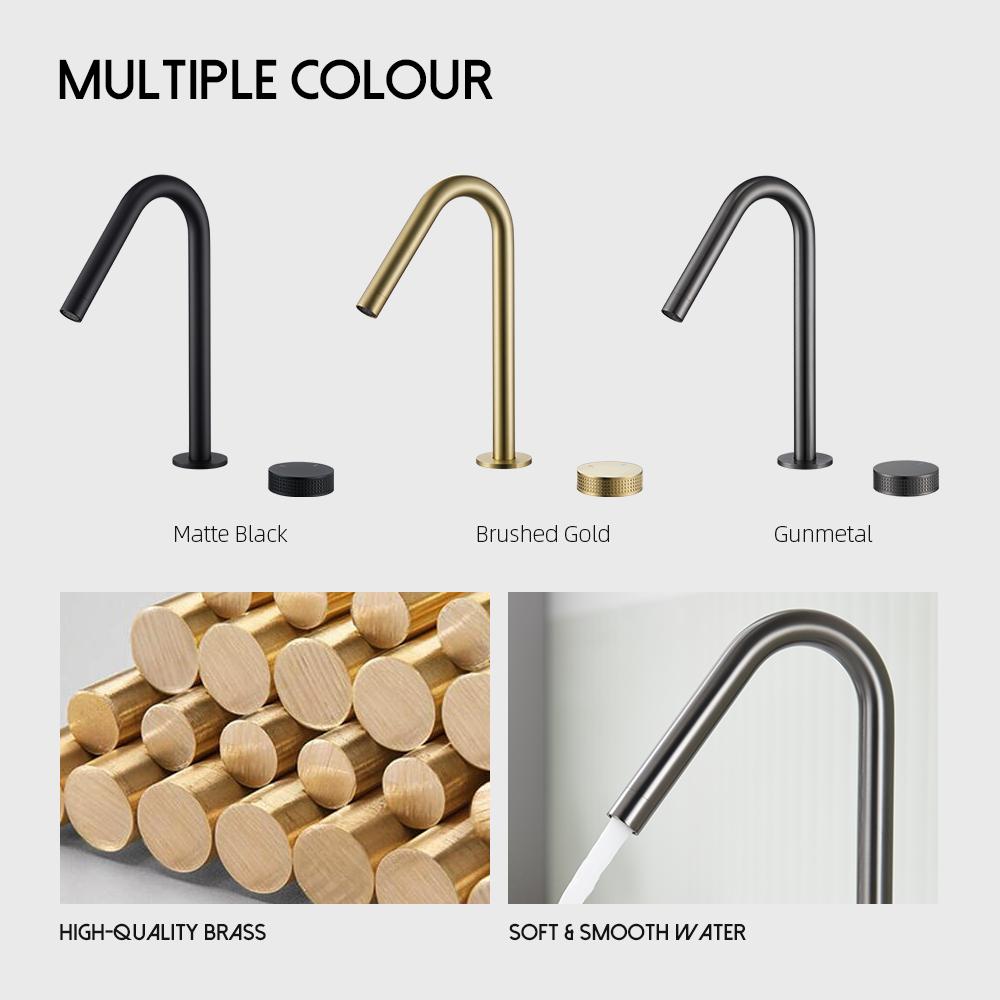 Gunmetal Basin faucet Knurled knob Hot & Cold Sink Mixer 360 Rotating Spout Wider spread Deck Mounted Basin Tap Bathroom Faucet