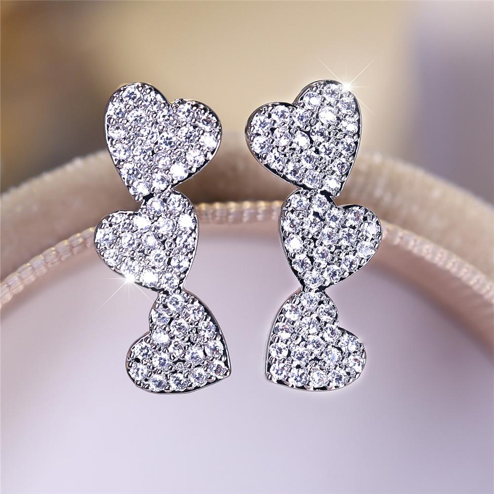 Cute Female White Zircon Cute Love Heart Stud Earrings Silver Color Wedding  For Women