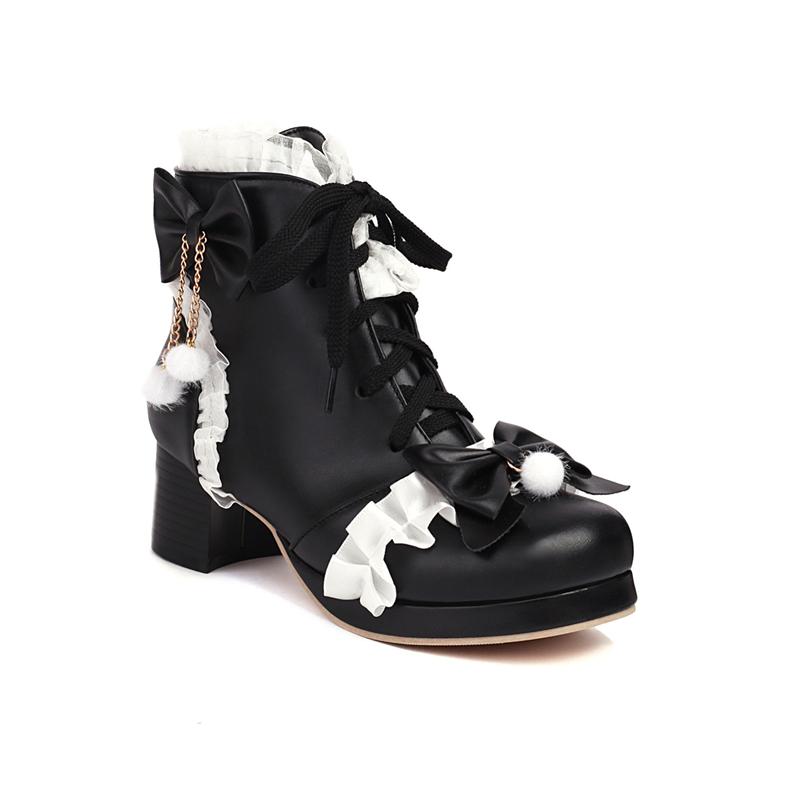 

Женские ботильоны в стиле Лолиты, короткие ботинки в стиле каваи с круглым носком и блокировкой на среднем каблуке, короткие ботинки с цепочкой и бантом, женская обувь для косплея, осень-зима 33 чёрный