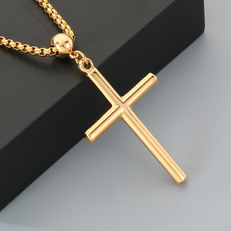 New Gold Color Cross Pendant Necklace for Men Women Pearl Chain Religious Stainless Steel Jewelry, Minimalist Accessory Gift
