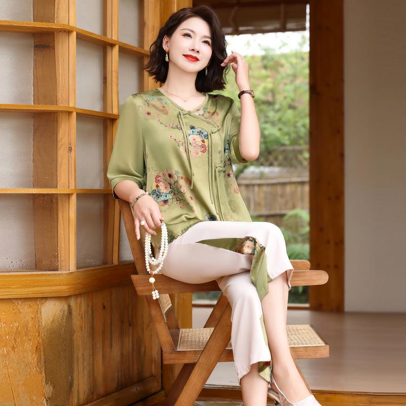 

Mother s Summer Chiffon Short-Sleeved Top Set - Stylish T-Shirt for Middle-Aged & Elderly Women 4XL (130-145 jin)