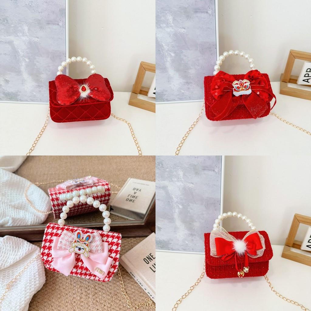 Adorable Red Bowknot Children's Handbag With Charming Pearl Chain For Kids