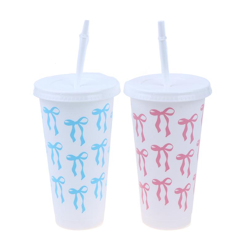 1Pc 710Ml Kawaii Bow Reusable Party Cups With Straw Lid Coffee Juice Tea Cute Tumbler With Straw Plastic Cups Summer Gifts