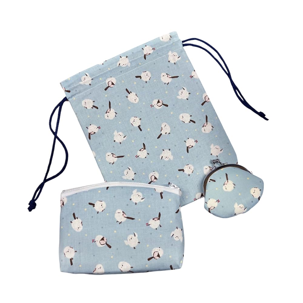 

Cute Kinagani and Shimaenaga Pouch Set with Clasp and Drawstring Closure, Perfect as a Gift, Makeup Case, Small Item Case, or Goshuincho (Temple