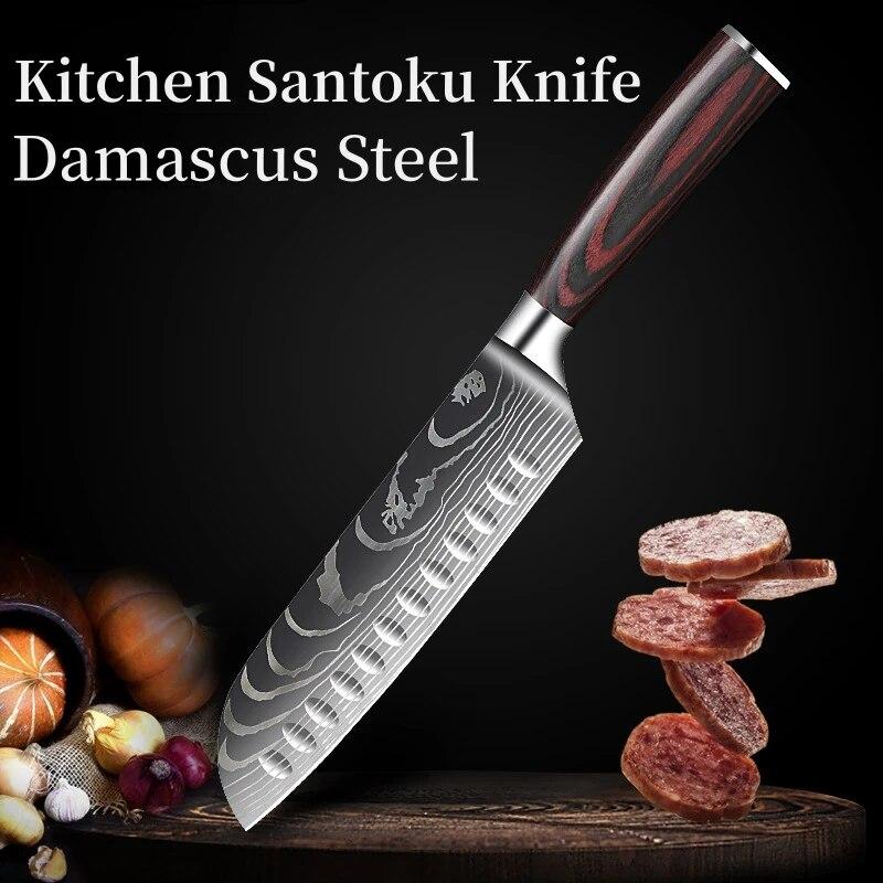 Stainless Steel Santoku Chef's Knife Japanese Laser Damasko Pattern Boning Knife Fruit Knife Cooking Multi-purpose Knife Kitchen Accessories